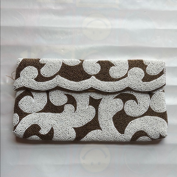 None Handbags - White and Brown beaded Clutch
